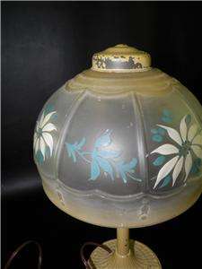 ART DECO PAINTED METAL LAMP HAND PAINTED GLASS SHADE  