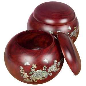  Large Mahogany Go Game Bowls with Floral Design: Toys 