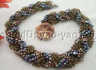 Beautiful 6Strds Black&Brown Pearl&Crystal Necklace  