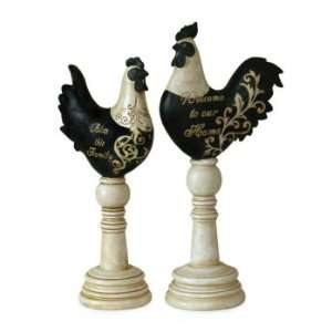  Set of 2 Black & Cream Finial Rooster Table Top Accent 
