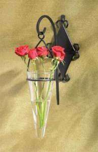 BLACK SCROLLWORK GLASS VASE HANGING WALL FLOWER SCONCE NEW  