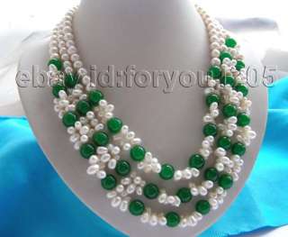 22 3rows Natural White Pearl Green Jade Necklace 14k!  