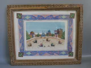 Antique Persian miniature Painting polo / Chaugan players Signed Inlay 