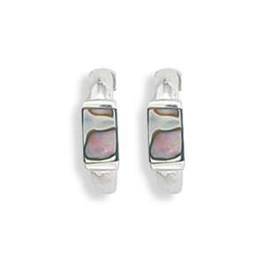  1/2 Hoop with Inlaid Abalone Shell Earrings 925 Sterling 