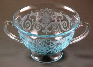   Versailles Blue Bouillon Cup Bowl Etched Elegant Depression Glass VTG
