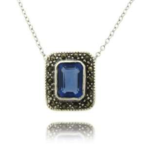    Sterling Silver Marcasite Square Blue Stone Pendant Jewelry