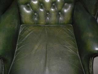 Lovely Pair of Green Leather Wingback Button Back Arm Chairs  