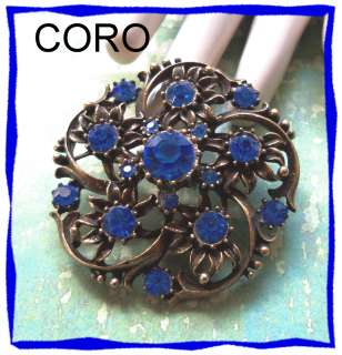 Vintage CORO Antiqued Gold & Royal Blue Rhinestone Pin  