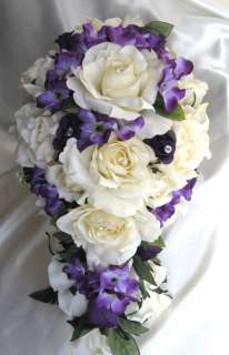 17pc Bouquet wedding flowers centerpiece IVORY PURPLE  