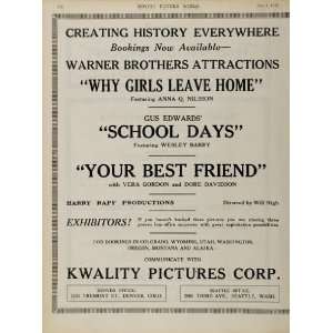  1922 Warner Brothers Silent Film Ad Kwality Pictures 