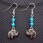   Delicate Carved Elephant Dangle Turquoise Beaded Amulet Earrings