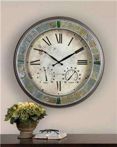 Large Indoor Outdoor Patio Wall Clock Stone Thermometer Round Outside 