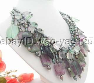 Amazing 3Strds Black Pearl&Purple Fluorite Necklace  