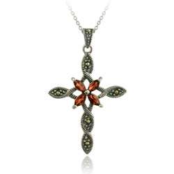   Sterling Silver Marcasite and Garnet Cross Necklace  Overstock