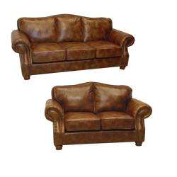   Distressed Whiskey Italian Leather Sofa and Loveseat  