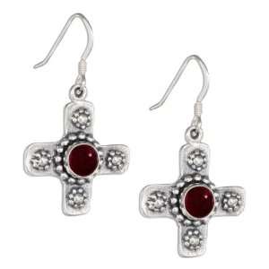   Sterling Silver Garnet Floral Cross Earrings on French Wires.: Jewelry