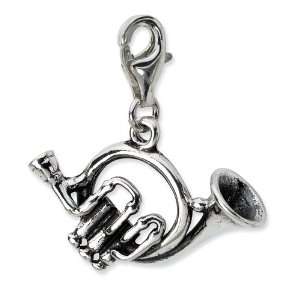   Silver 3 D Antiqued French Horn w/Lobster Clasp Charm: Jewelry