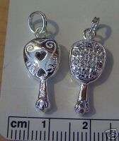 Sterling Silver Hand Mirror Heart Clear Crystals Charm  