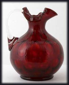   Red Art Glass Pitcher Vase with Coin Dot Optic Pattern Signed  