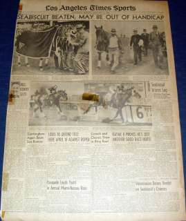 1939 FEB 15 LOS ANGELES TIMES NEWSPAPER SEABISCUIT BEATEN MAY BE OUT 