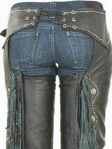   Fringe WICKED LADY BIKER Soft Leather MOTORCYCLE RIDING Chaps STUDS