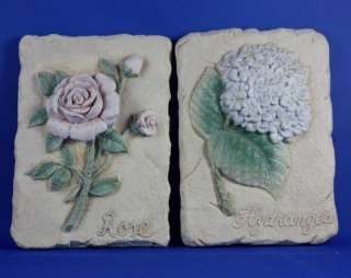 Two Rose and Hydrangea Relief Sculpture Wall Plaques  