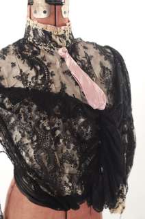 VINTAGE 1880s Victorian Antique Silk SATIN Black French Lace Bodice 