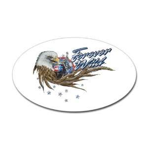  Sticker (Oval) Forever Wild Eagle Motorcycle and US Flag 