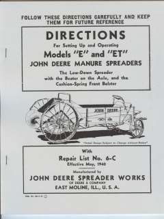   Models E and ET Manure Spreaders Directions & Parts List 1940  