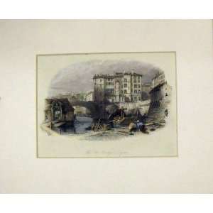   Hand Coloured Print 1840 View Old Bridge Lyons France: Home & Kitchen