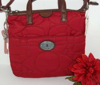 New~ FOSSIL Key Per Red & Brown Quilted Vintage Crossbody Handbag 