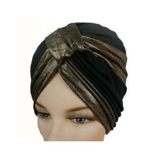    Glamorous Black & Gold Turban Hat Head Cover Sun Cap: Clothing