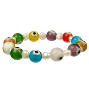 Multi Colored Glass Evil Eye and White Freshwater Cultured 