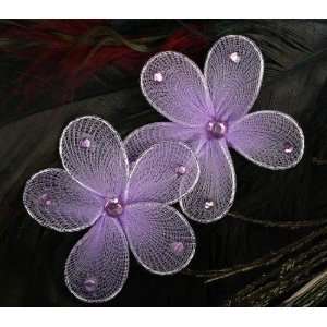  Sheer Lavender Nylon Decorative Flowers with Rhinestones 