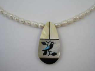 Zuni Bird MOP Inlay Pendant & FW Pearl Necklace 18  