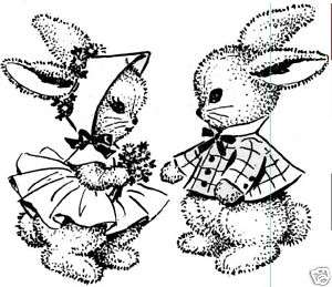 Bunny friends rubber stamp 3x2.5 UM Victorian style  
