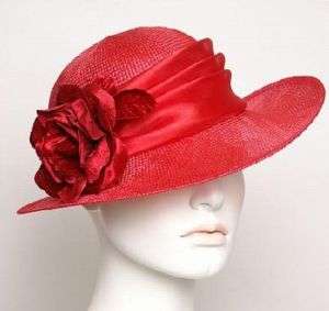   ™   Ladies RED Cadillac Straw Sideswept Brim Hat w/ FLOWER  