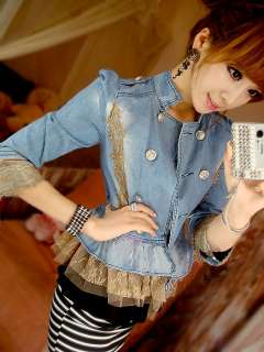   denim lace coat jacket Double breasted jean stand collar free shipping