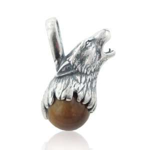    Sterling Silver Howling WOLF Head on Tiger Eye Pendant Jewelry