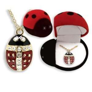  Ladybug Crystal Necklace in Red Velour Hinged Gift Box 
