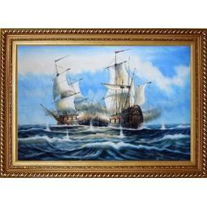  Warships in Sea Battle Oil Painting, with Exquisite Dark Gold Wood 