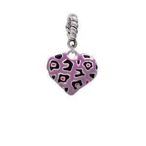Purple Cheetah Print Heart Silver Plated European Charm Dangle Bead 