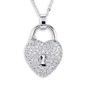    925 Sterling Silver CZ Pave Heart Lock Charm Necklace: Jewelry