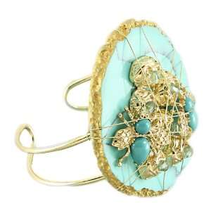 Matte Gold Plated Fashion Cuff Bracelet with Large Turquoise Stone in 