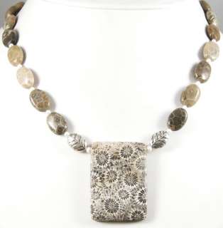 GENUINE FOSSILIZED CORAL PENDANT OVAL BEADS NECKLACE  