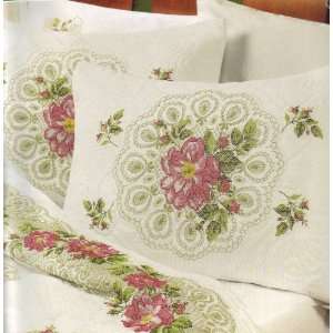 Stamped Cross Stitch Kit Rose and Lace Fan Pillow Shams From Bucilla 