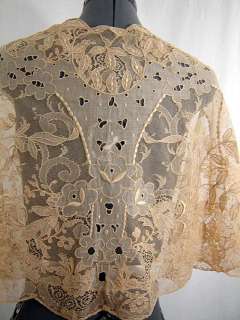 Antique Vtg Ecru Embroidered Net Lace & Linen Cape  