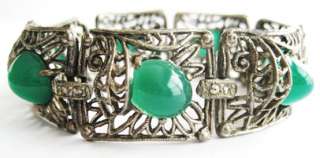 Vintage CHRYSOPRASE Green Glass DECO MARCASITE Bracelet  