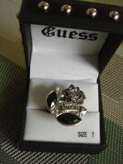 GUESS Roca Rose Black Stone Ring Size 7 Silver Tone  