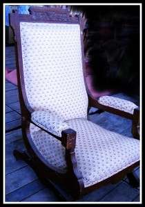   EASTLAKE Spoon Carved Frame & Upholstered Rocker Rocking Chair  